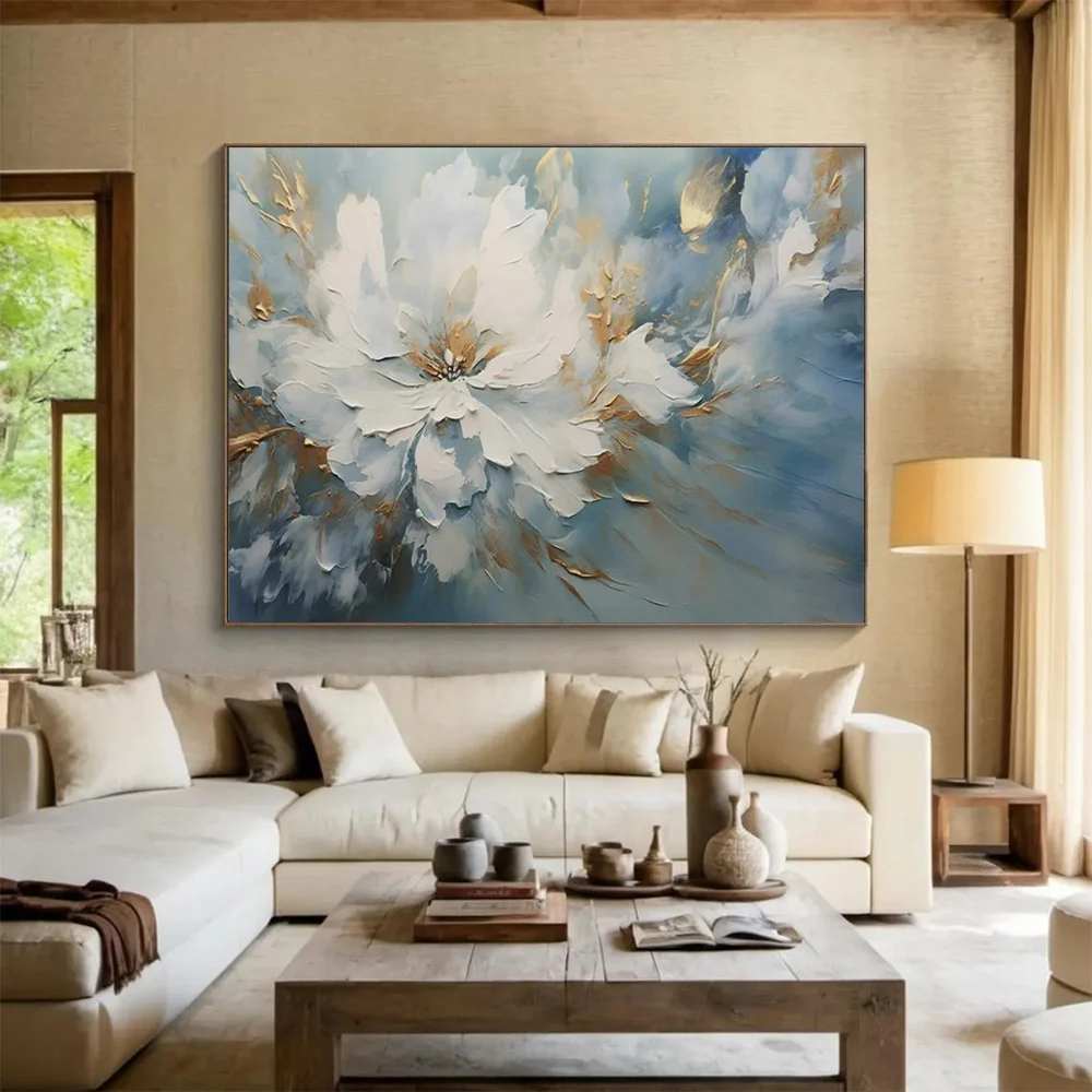 Blue Hand-painted Flower Elegant Abstract Canvas Wall Art 0V3XX